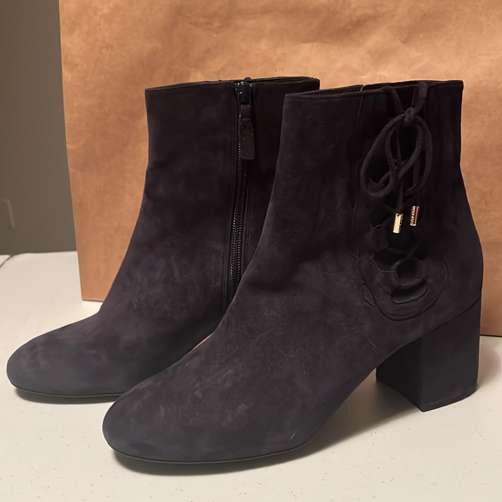 Cole Hahn navy suede boots. Zipper closure decorative side laces sz 10
